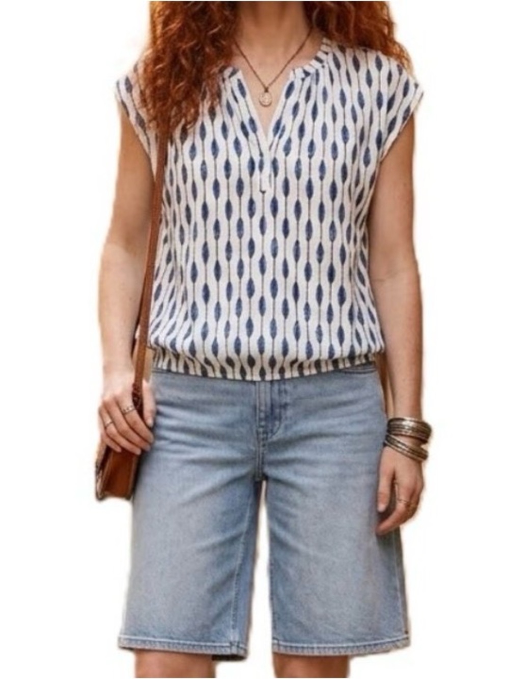 GARCIA Printed Blouson Top Medium Cream Blue Relaxed European Style EUC